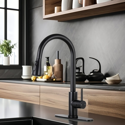 Grifón de cocina negro mate con pulsador de pulsador y diseño de latón de estilo contemporáneo