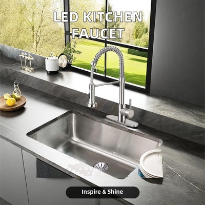 Grifón de cocina clásico de acero inoxidable de mango único con núcleo de válvula cerámica y luz LED